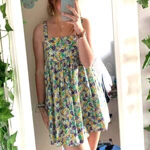 Zara Floral Poplin Mini Dress Tie Back Bow Babydoll Empire Waist 100% Cotton